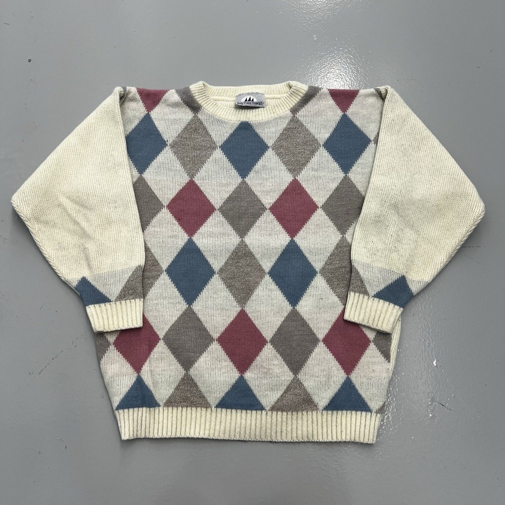 VTG 80s Bay Point Threads Diamond Multicolor Pullover Wool Sweater Womens Size M
